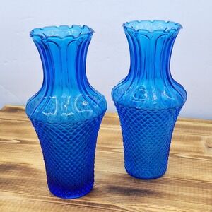 X2 Vintage Sapphire Blue Glass Bouquet Vase Diamond Point Hobnail Set X2 6in‎